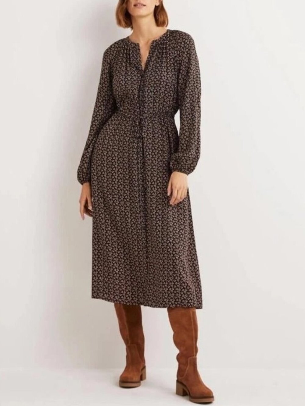 Boden Floral Ditsy Button Front Long Sleeve Midi Dress Size 2